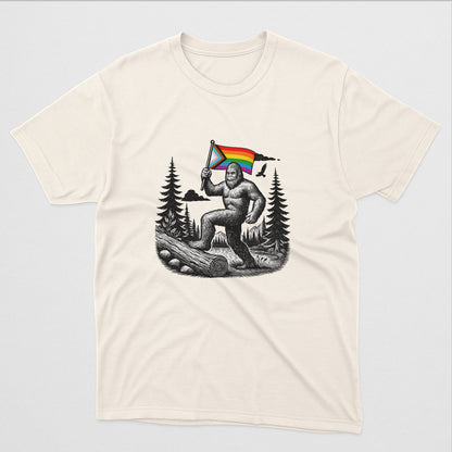 Bigfoot Pride Flag T-Shirt – Funny LGBTQ Sasquatch Gay Tee – Natural - Up To 5XL
