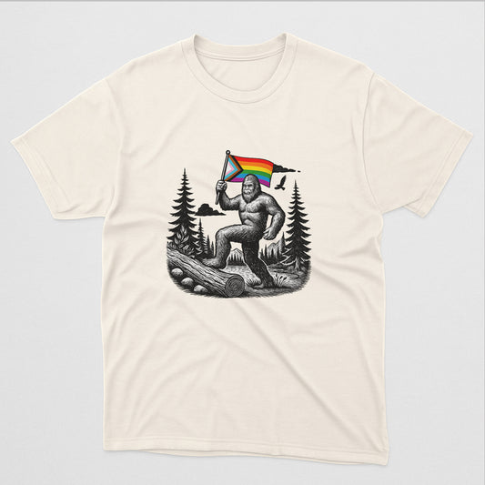 Bigfoot Pride Flag T-Shirt – Funny LGBTQ Sasquatch Gay Tee – Natural - Up To 5XL