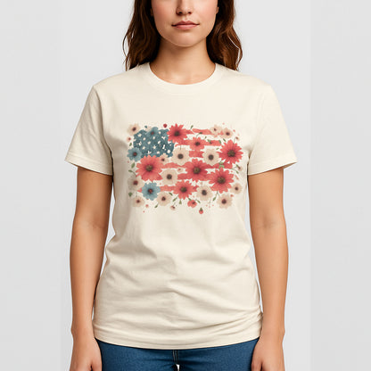 Floral American Flag Shirt – Boho Happy 4th of July Patriotic T-Shirt – Natural Tee - Up To 5X