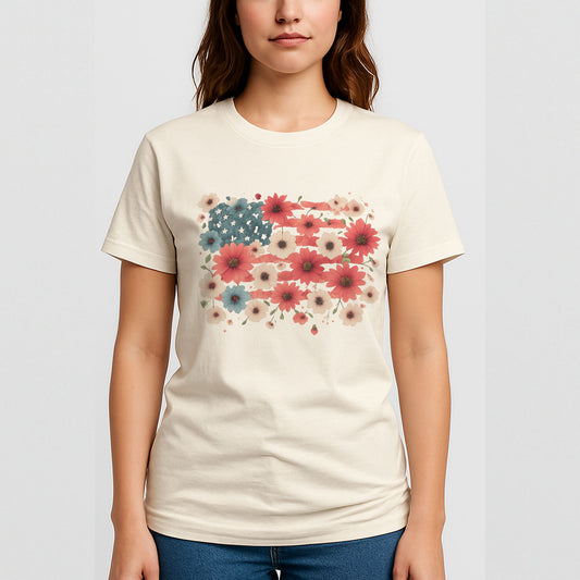 Floral American Flag Shirt – Boho Happy 4th of July Patriotic T-Shirt – Natural Tee - Up To 5X