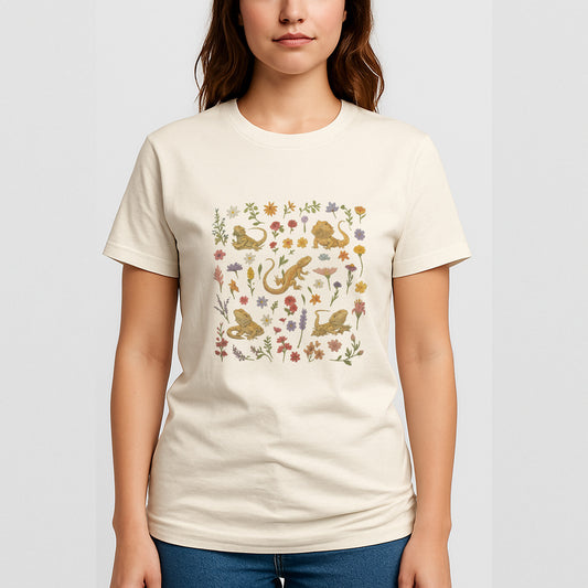 Cottagecore Bearded Dragon T-Shirt – Cute Floral Lizard Tee For Reptile Lovers - Natural - Up To 5XL
