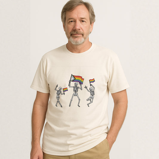 Dancing Skeleton Pride Month T-Shirt – Funny LGBTQ Pride Mens Shirts – Natural - Up To 5XL