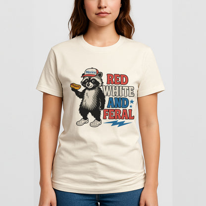 Red White and Feral Raccoon Shirt – Funny ‘Merica 4th of July Meme Shirts – Natural Tee - Up To 5X