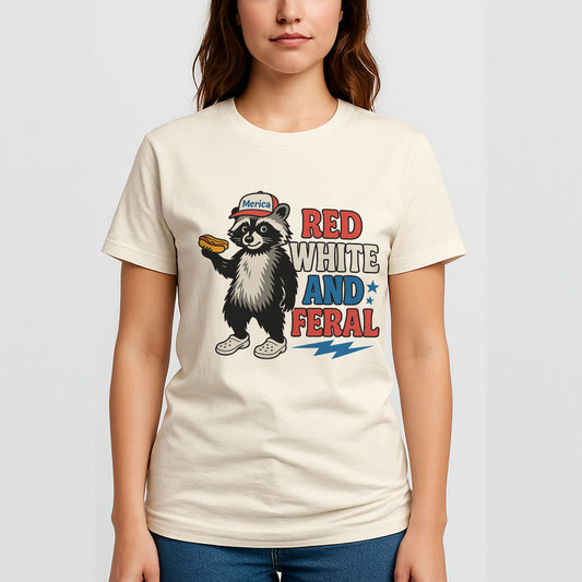 Red White and Feral Raccoon Shirt – Funny ‘Merica 4th of July Meme Shirts – Natural Tee - Up To 5X