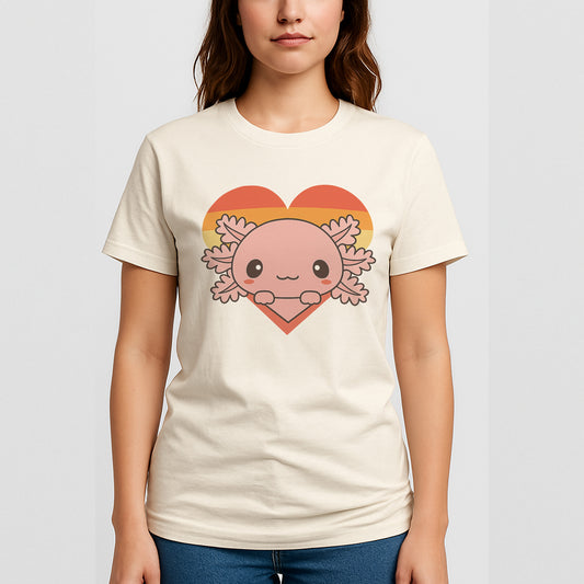 Axolotl Heart T-Shirt – Kawaii Axolotl Retro Sunset Tee - Natural - Up To 5XL