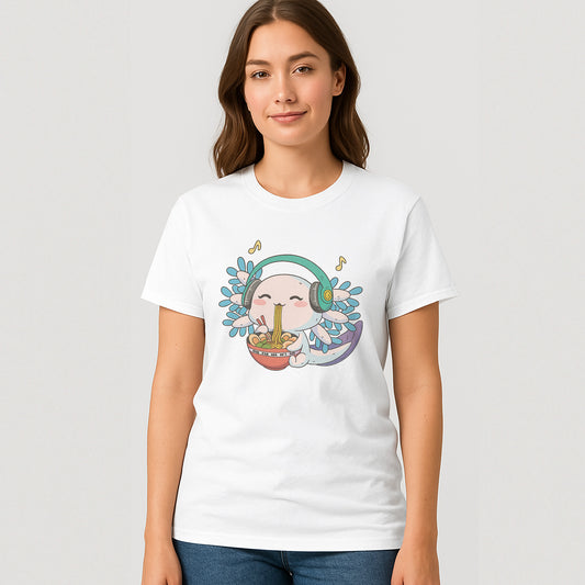 Cute Axolotl Eating Ramen T-Shirt – Funny Kawaii Noodle Lover Lofi Anime Tee - White - Up To 5XL