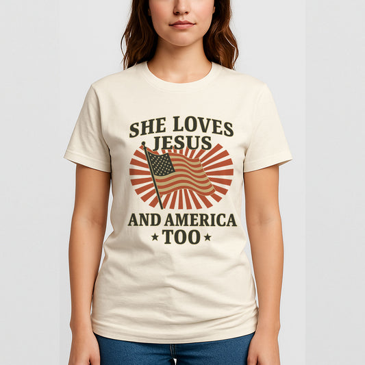 She Loves Jesus And America Too Shirt – Patriotic 4th Of July Tee For Christian  – Natural Tee - Up To 5X