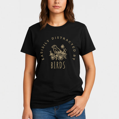 Easily Distracted By Birds T-Shirt – Vintage Birdwatching Shirt For Bird Lovers - Black - Up To 5XL