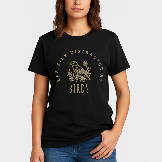 Easily Distracted By Birds T-Shirt – Vintage Birdwatching Shirt For Bird Lovers - Black - Up To 5XL