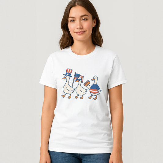 Funny Patriotic Duck T-Shirt – 4th Of July Parade Shirt With American Flag And Hot Dog – Natural Tee - Up To 5X
