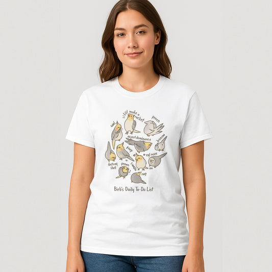 Aunny Bird To-Do List T-Shirt – Cute Cockatiel Meme Tee - White - Up To 5XL