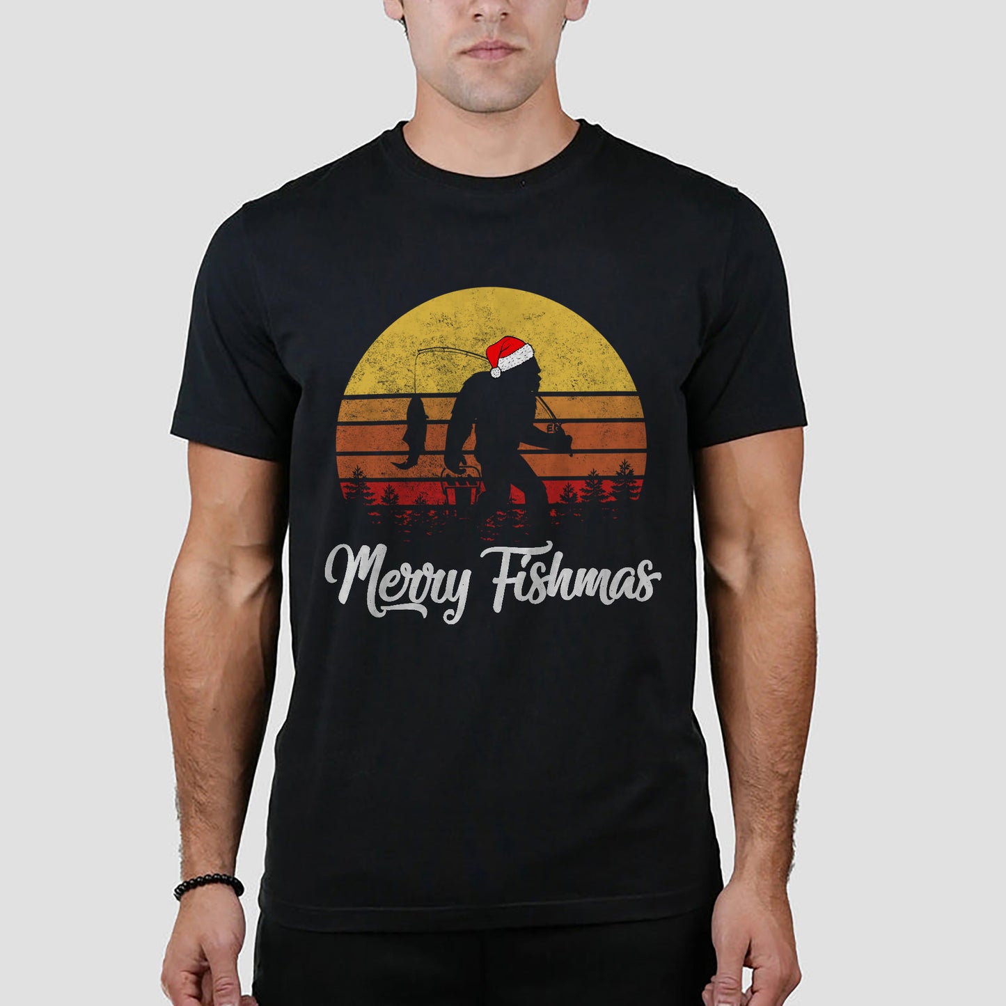 Funny Christmas Fishing Shirt - Merry Fishmas Bigfoot Tee - Holiday Gift for Fishermen – Black – Up To 5XL