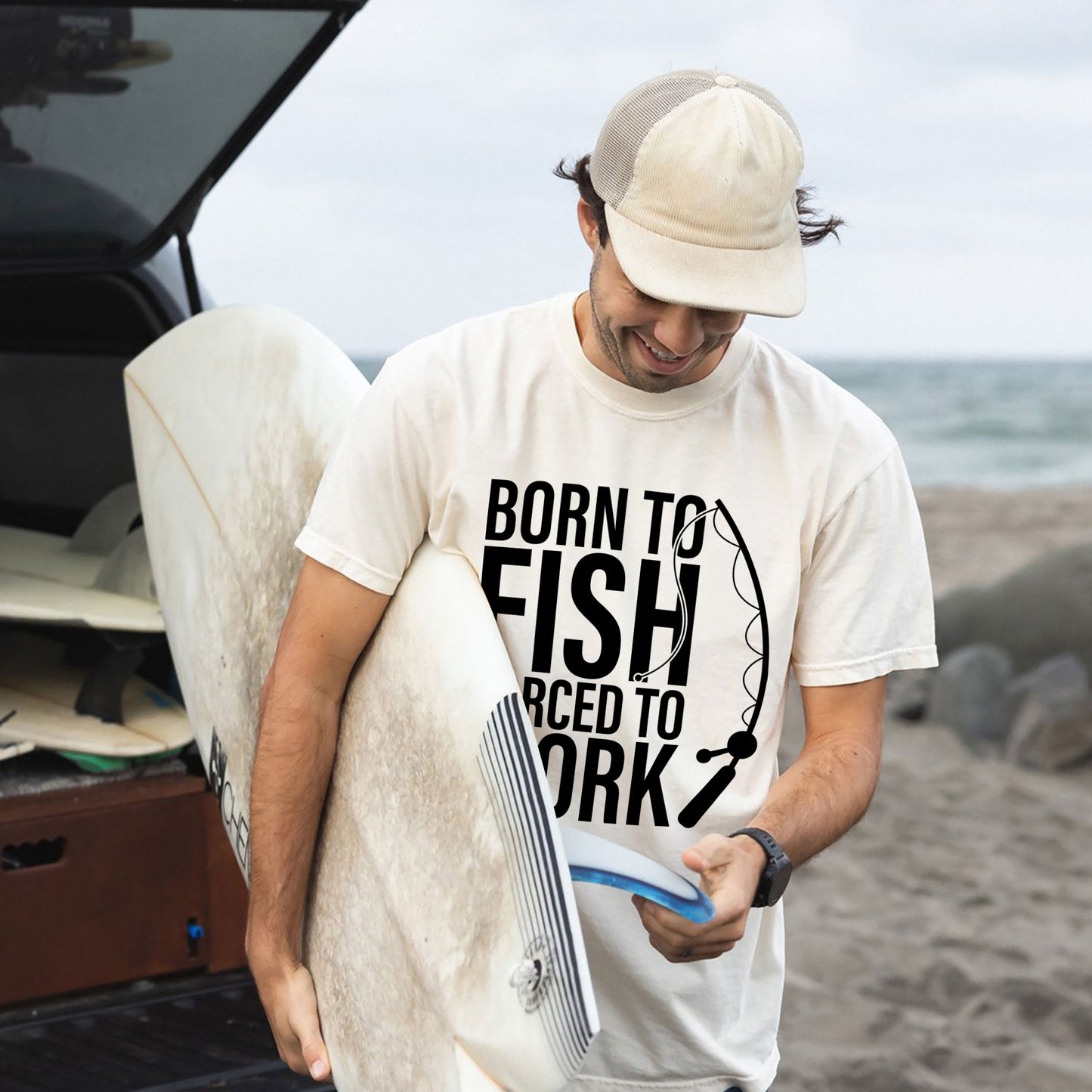 Funny Fishing Shirt - Born to Fish Forced to Work Tee - Angler Gift for Work Haters – White – Up To 5XL
