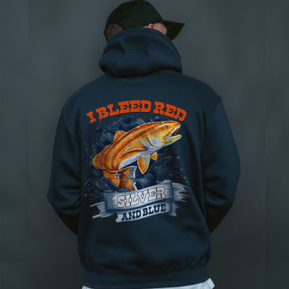 Redfish Football Pullover Hoodie – I Bleed Red Silver and Blue – Fishing & Football Fan Hoodie – Patriotic Angler Sweatshirt Gift USA Pride