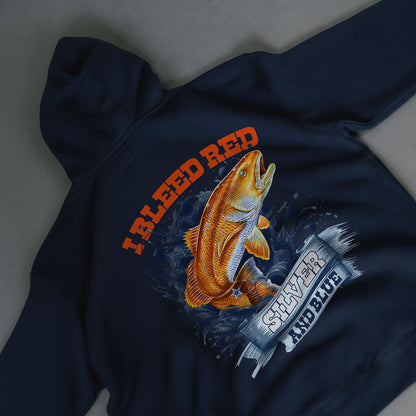 Redfish Football Pullover Hoodie – I Bleed Red Silver and Blue – Fishing & Football Fan Hoodie – Patriotic Angler Sweatshirt Gift USA Pride