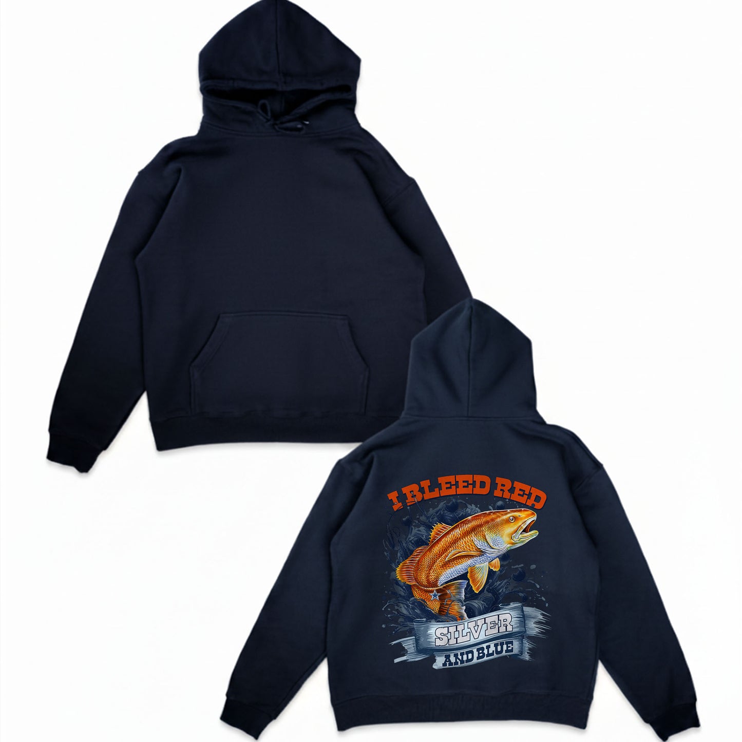 Redfish Football Pullover Hoodie – I Bleed Red Silver and Blue – Fishing & Football Fan Hoodie – Patriotic Angler Sweatshirt Gift USA Pride