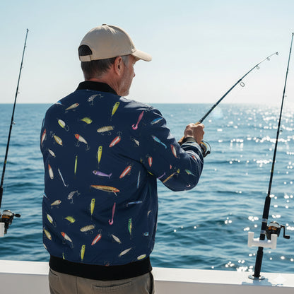 Men's Fishing Bomber Jacket - Lure Pattern Outdoor Fishing Apparel for Anglers