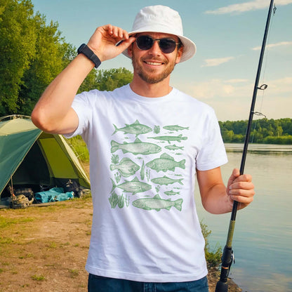 Fishing Tee – Freshwater Fishes Species Guide Shirt – Angler Graphic Educational Shirt – White – Up To 5XL