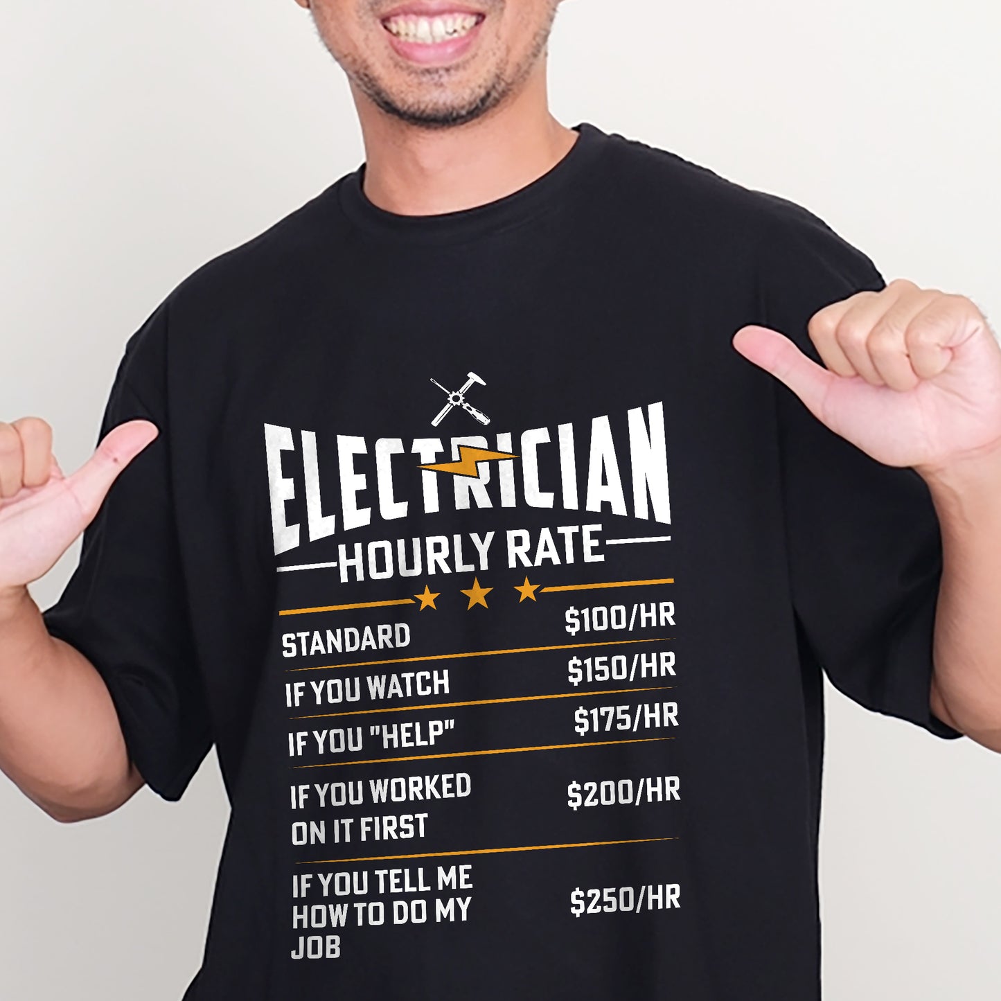 Funny Work Shirt – Electrician Hourly Rate Chart Tees – Black – Up To 5XL