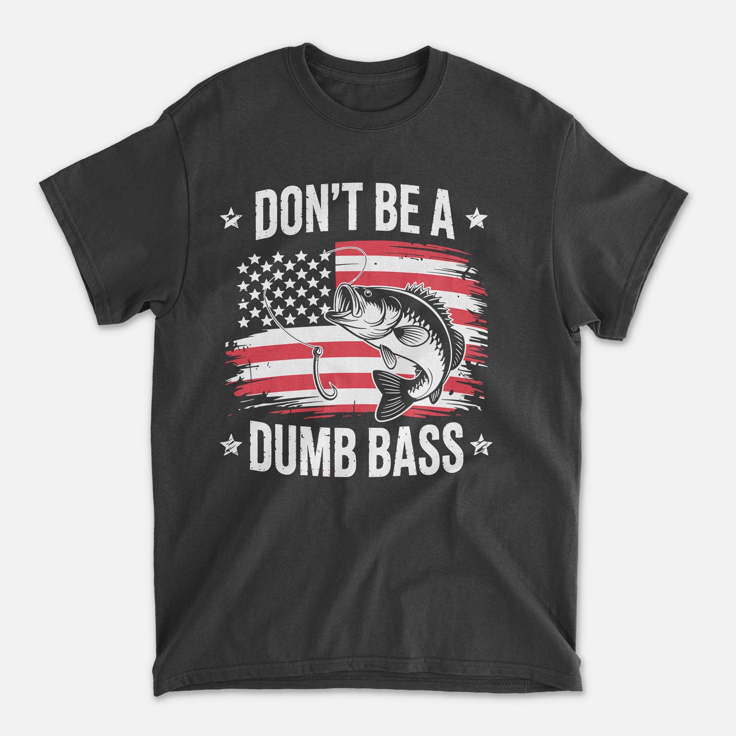 Funny Fishing Shirt – Don’t Be a Dumb Bass Patriotic Angler Tee – USA Flag Graphic – Black – Up To 5XL
