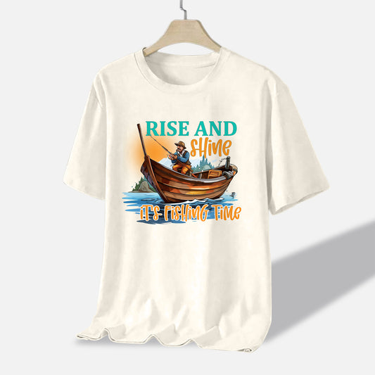 Funny Angler Graphic – Rise and Shine It’s Fishing Time Tee – Natural – Up To 5XL