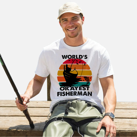 Retro Fishing Shirt – World's Okayest Fisherman Vintage Tee – Funny Angler Graphic – White – Up To 5XL