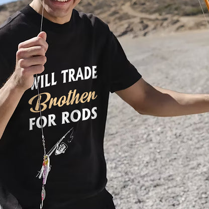 Funny Fishing Shirt – Will Trade Brother For Rods Tee – Fisherman Humor Graphic Shirt – Black – Up To 5XL