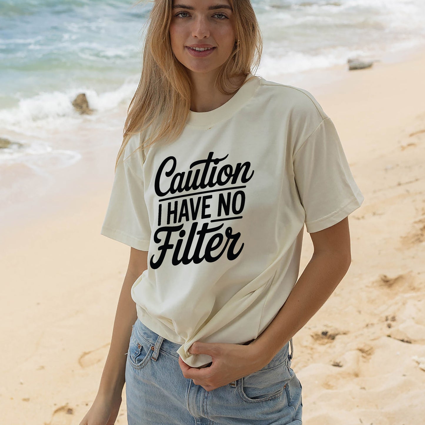 Funny Women Shirt - Caution I Have No Filter Tee - Sarcastic Saying Tee - Natural - Up To 5XL