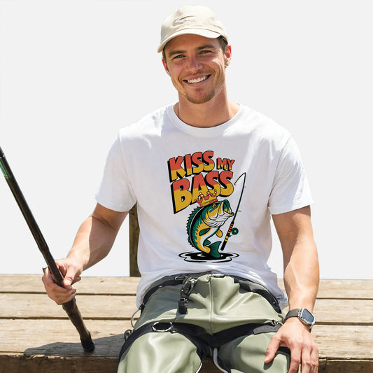 Funny Angler Shirt – Kiss My Bass Fishing Joke Tee – Humor Gift for Fishermen – White – Up To 5XL