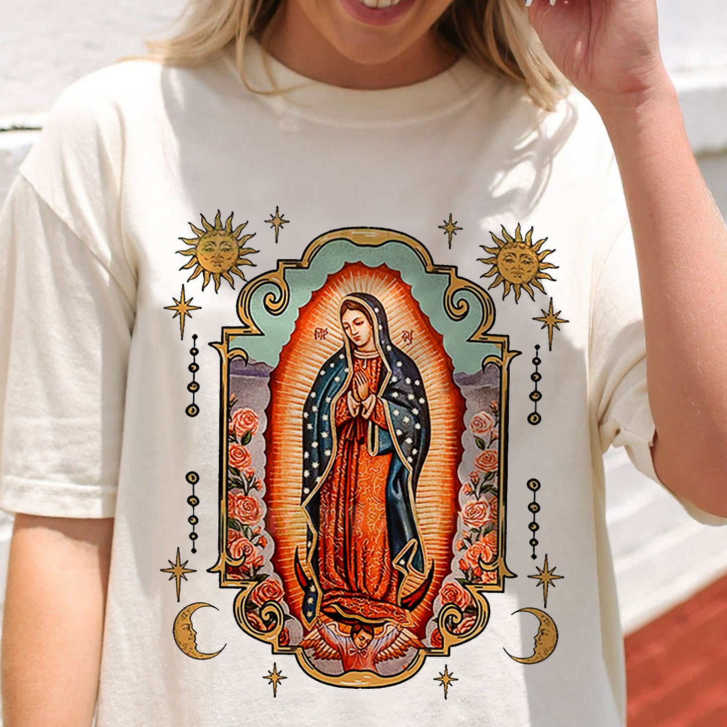 Catholic Faith Shirt – Virgin Mary Our Lady of Guadalupe – Hispanic Religious Devotion Tee – Natural – Up To 5XL