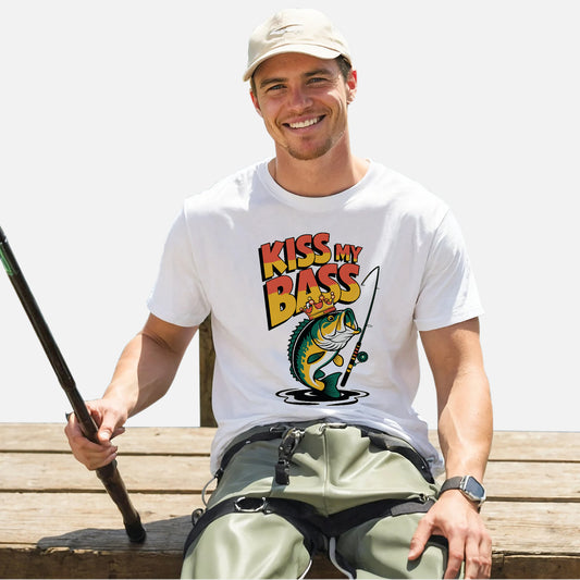 Funny Angler Shirt – Kiss My Bass Fishing Joke Tee – Humor Gift for Fishermen – White – Up To 5XL