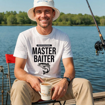 Funny Fishing Shirt – Professional Master Baiter – Angler Pun Tee for Men – White – Up To 5XL