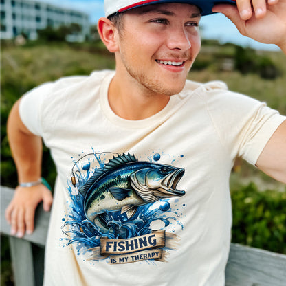 Outdoor Humor Shirt – Fishing Is My Therapy Funny Fisherman Tee – Nature Lover Gift – Natural – Up To 5XL