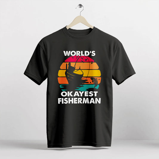 Retro Fishing Shirt – World's Okayest Fisherman Vintage Tee – Funny Angler Graphic Shirt – Black – Up To 5XL