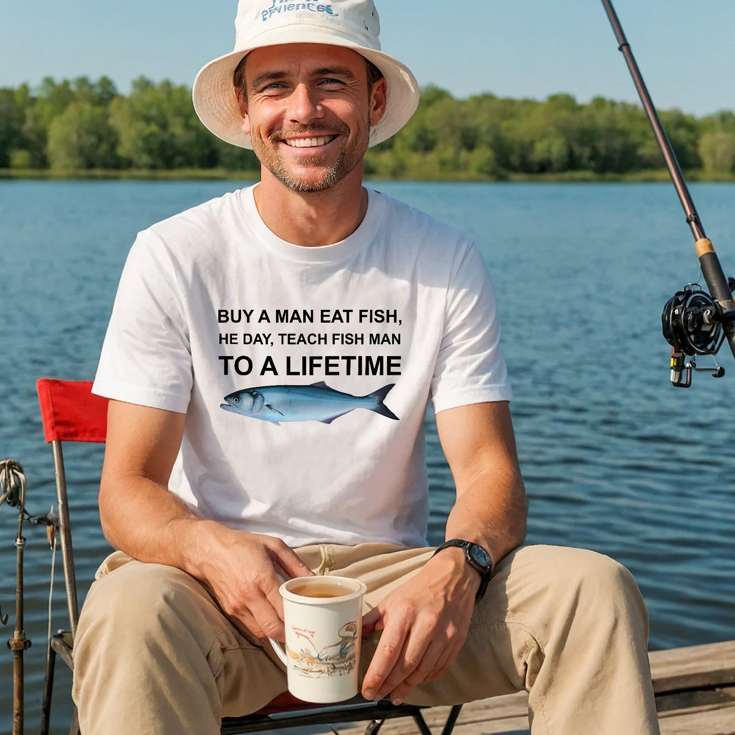 Funny Fishing Shirt – Buy A Man Eat Fish Quote Tee – Fisherman Meme Graphic Shirt – White – Up To 5XL