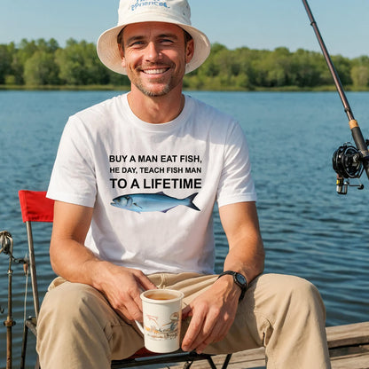 Funny Fishing Shirt – Buy A Man Eat Fish Quote Tee – Fisherman Meme Graphic Shirt – White – Up To 5XL