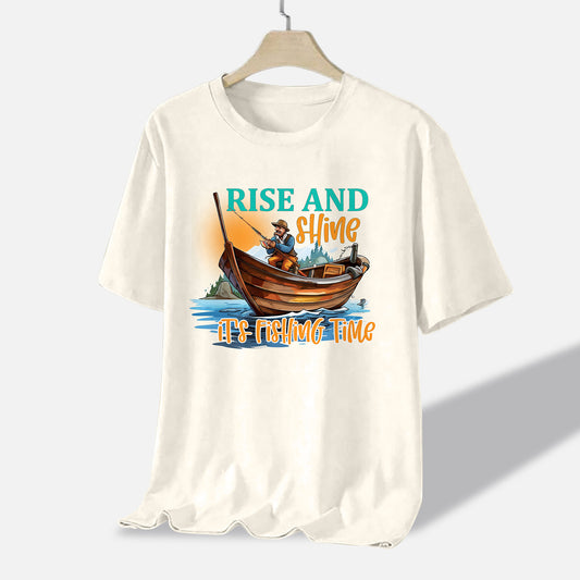 Funny Angler Graphic – Rise and Shine It’s Fishing Time Tee – Natural – Up To 5XL