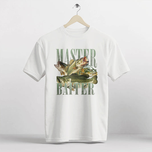 Funny Fishing Shirt – Master Baiter Bass Fishing Tee – Angler Joke Graphic Shirt – White – Up To 5XL