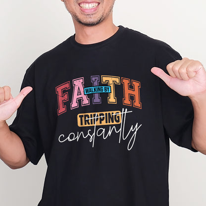 Christian Humor Shirt – Walking by Faith Tripping Constantly – Funny Faith-Based Tee – Black – Up To 5XL