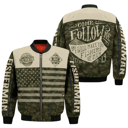 Christian Fisherman Bomber Jacket – “Come Follow Me” Camo Edition | Faith & Fishing Apparel for Men