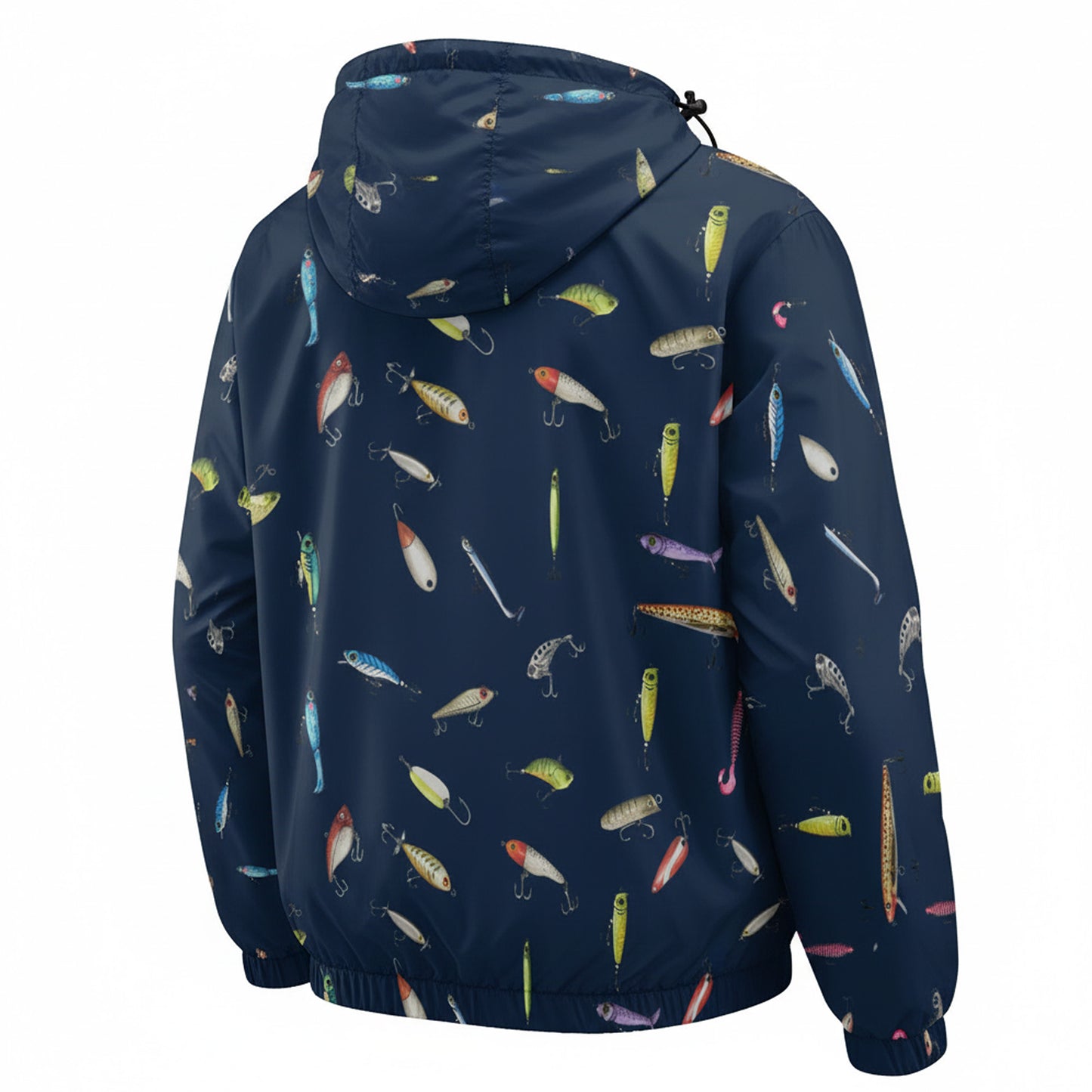 Navy Fishing Lure Windbreaker Jacket – Lightweight Hooded Outdoor Jacket for Men