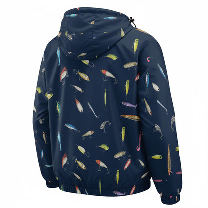 Navy Fishing Lure Windbreaker Jacket – Lightweight Hooded Outdoor Jacket for Men
