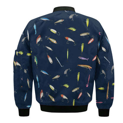 Men's Fishing Bomber Jacket - Lure Pattern Outdoor Fishing Apparel for Anglers