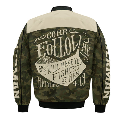 Christian Fisherman Bomber Jacket – “Come Follow Me” Camo Edition | Faith & Fishing Apparel for Men