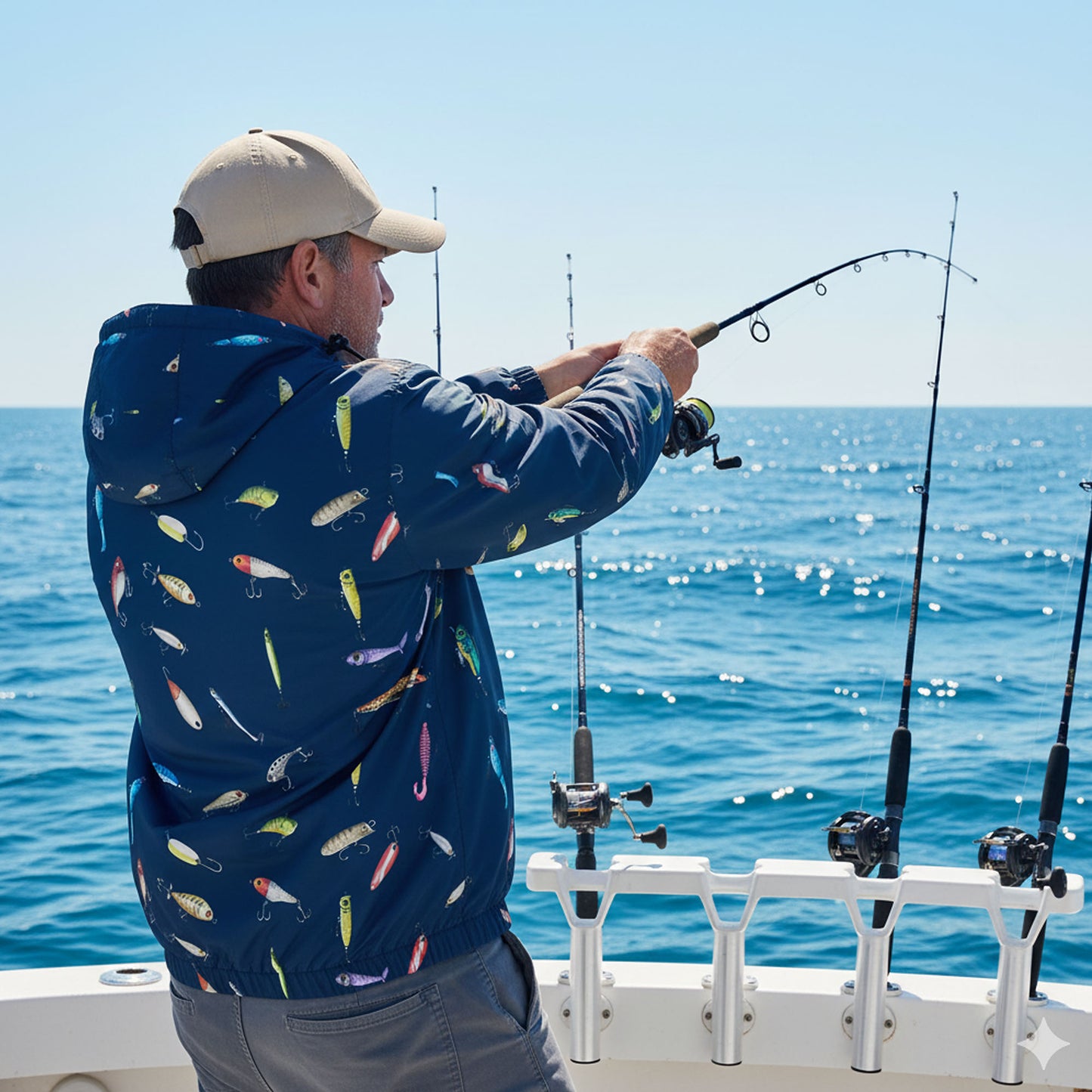 Navy Fishing Lure Windbreaker Jacket – Lightweight Hooded Outdoor Jacket for Men
