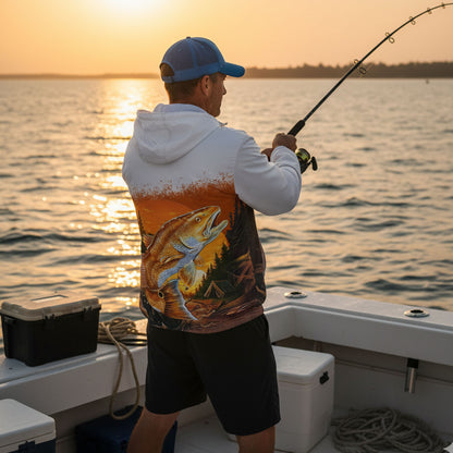 Redfish Sunset Lightweight Windbreaker Jacket – Saltwater Fishing Hoodie for Anglers