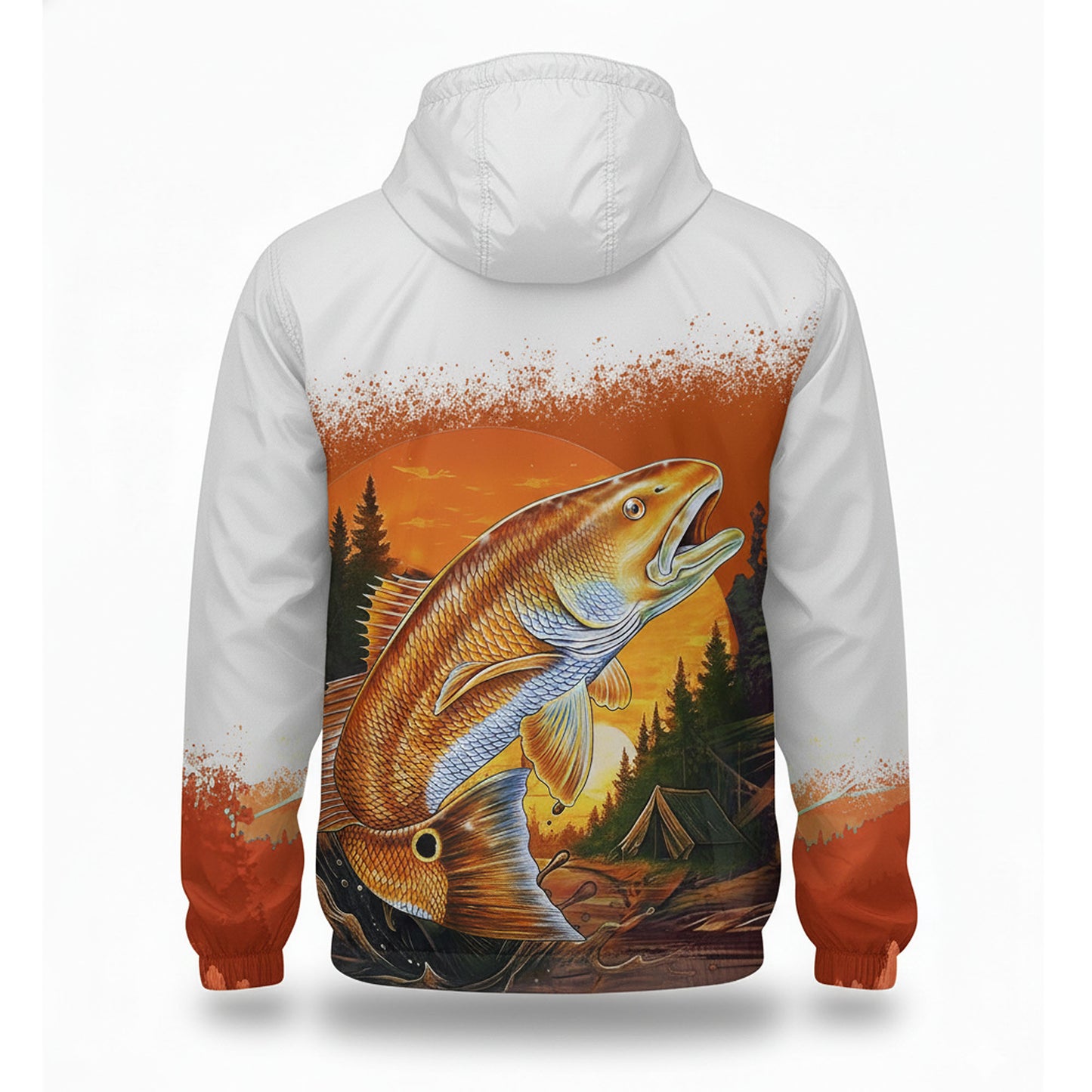 Redfish Sunset Lightweight Windbreaker Jacket – Saltwater Fishing Hoodie for Anglers