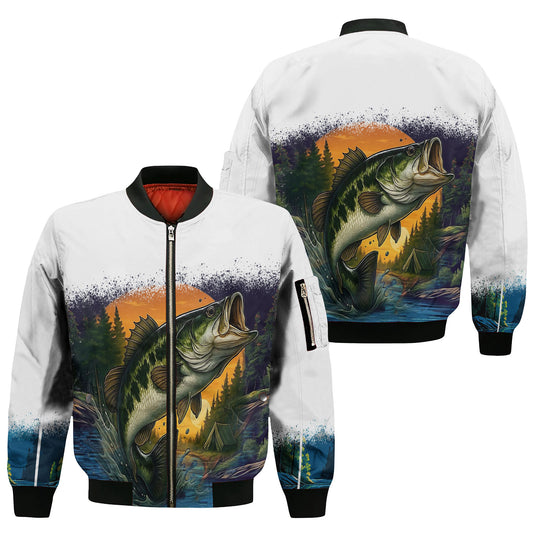 Largemouth Bass Bomber Jacket – Sunrise Fishing Edition | White & Blue Outdoor Fisherman Jacket for Men
