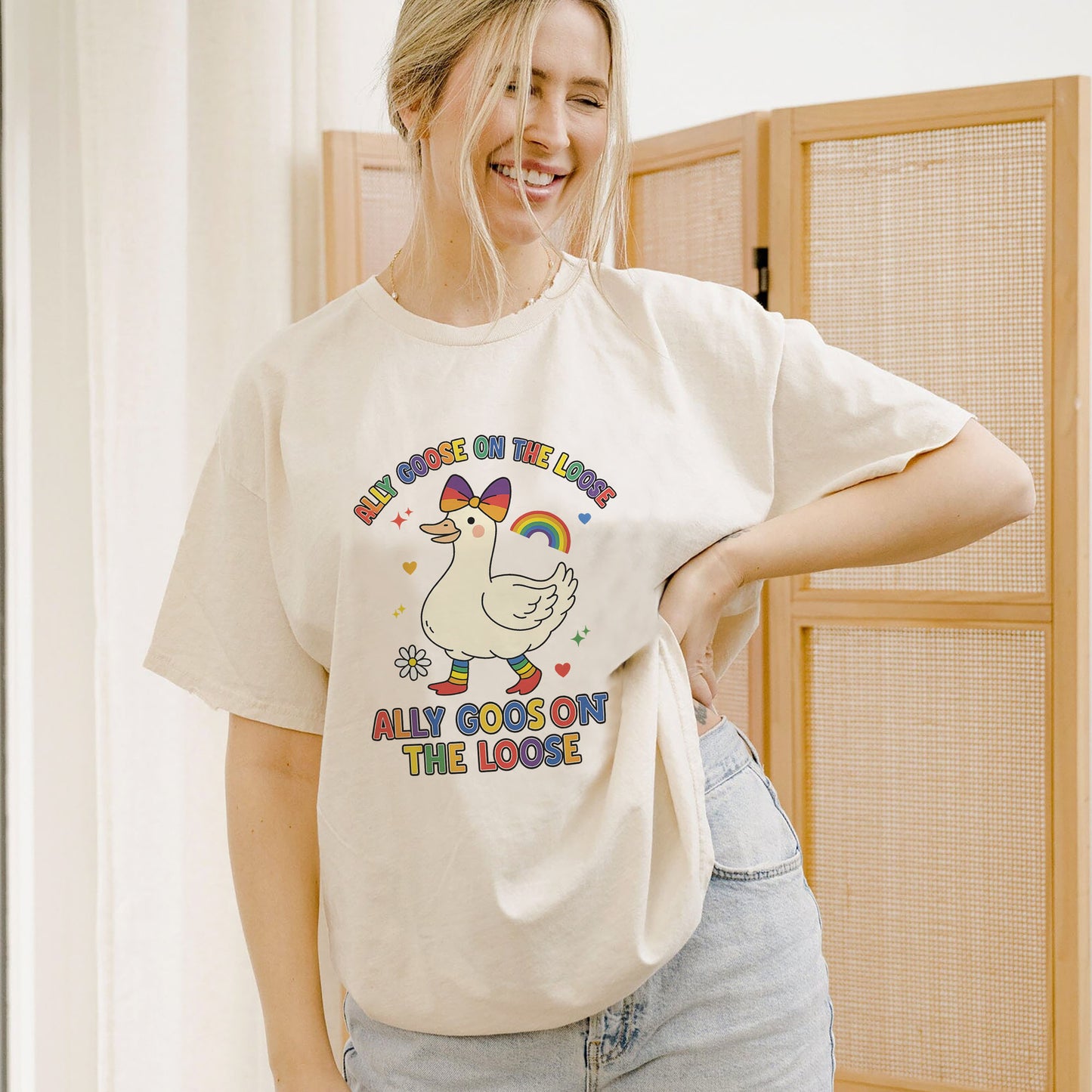 Ally Goose on the Loose T-Shirt – Funny LGBTQ+ Pride Rainbow Tee - Natural - Up To 5XL