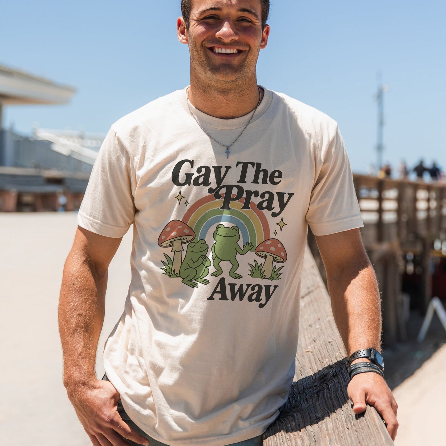 Gay The Pray Away T-Shirt – Funny LGBTQ Frog Rainbow Pride Tee – Natual - Up To 5XL